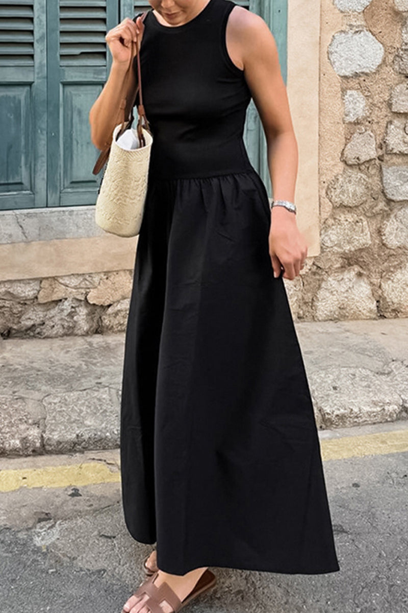 Casual Street Solid Color Ruched O Neck Vest Dresses - Fashionpara