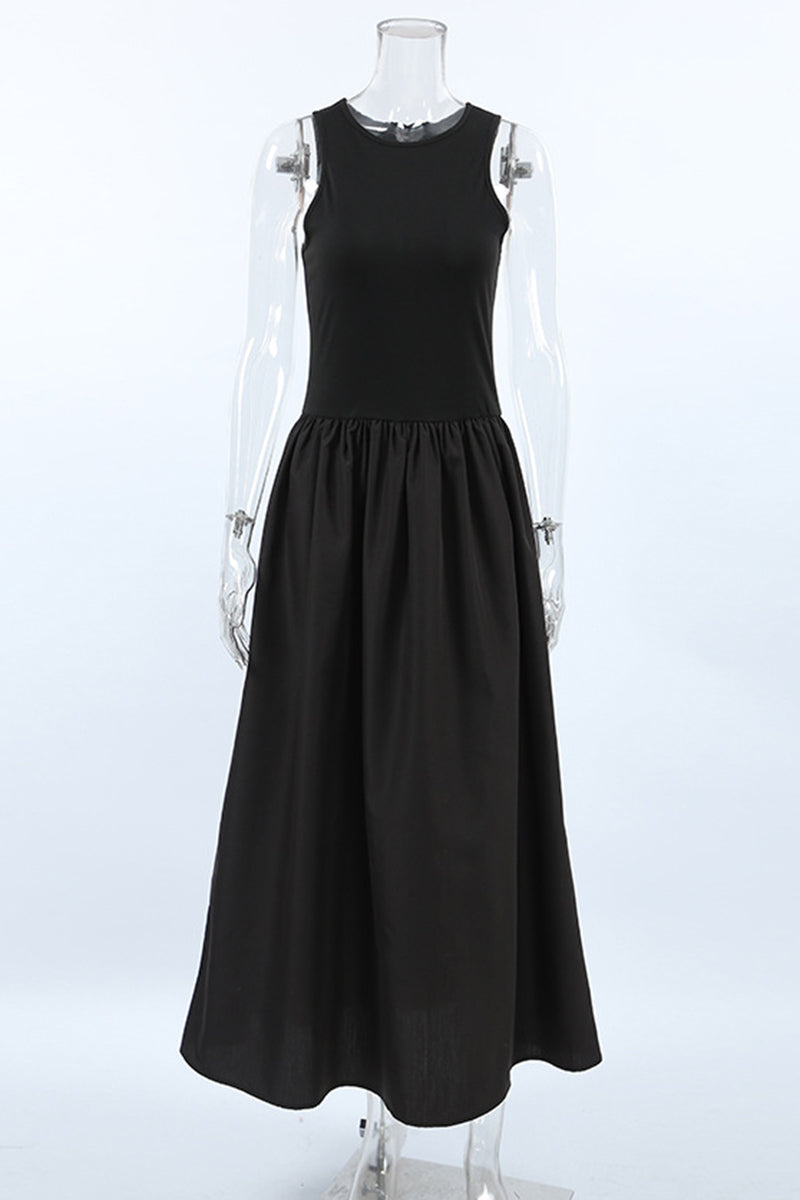 Casual Street Solid Color Ruched O Neck Vest Dresses - Fashionpara