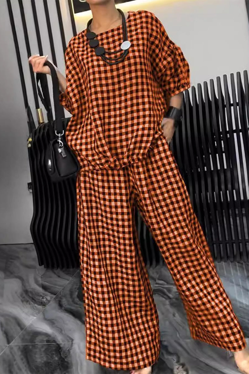 Casual Street Plaid Draw String Pocket Lace Up O Neck Short Sleeve Two Pieces(6 Colors) - Fashionpara