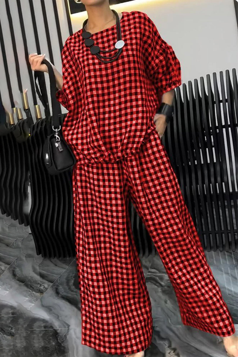 Casual Street Plaid Draw String Pocket Lace Up O Neck Short Sleeve Two Pieces(6 Colors) - Fashionpara