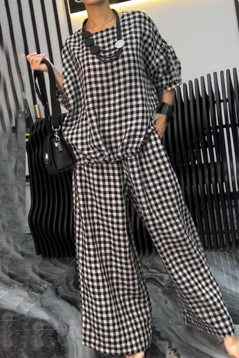 Casual Street Plaid Draw String Pocket Lace Up O Neck Short Sleeve Two Pieces(6 Colors) - Fashionpara