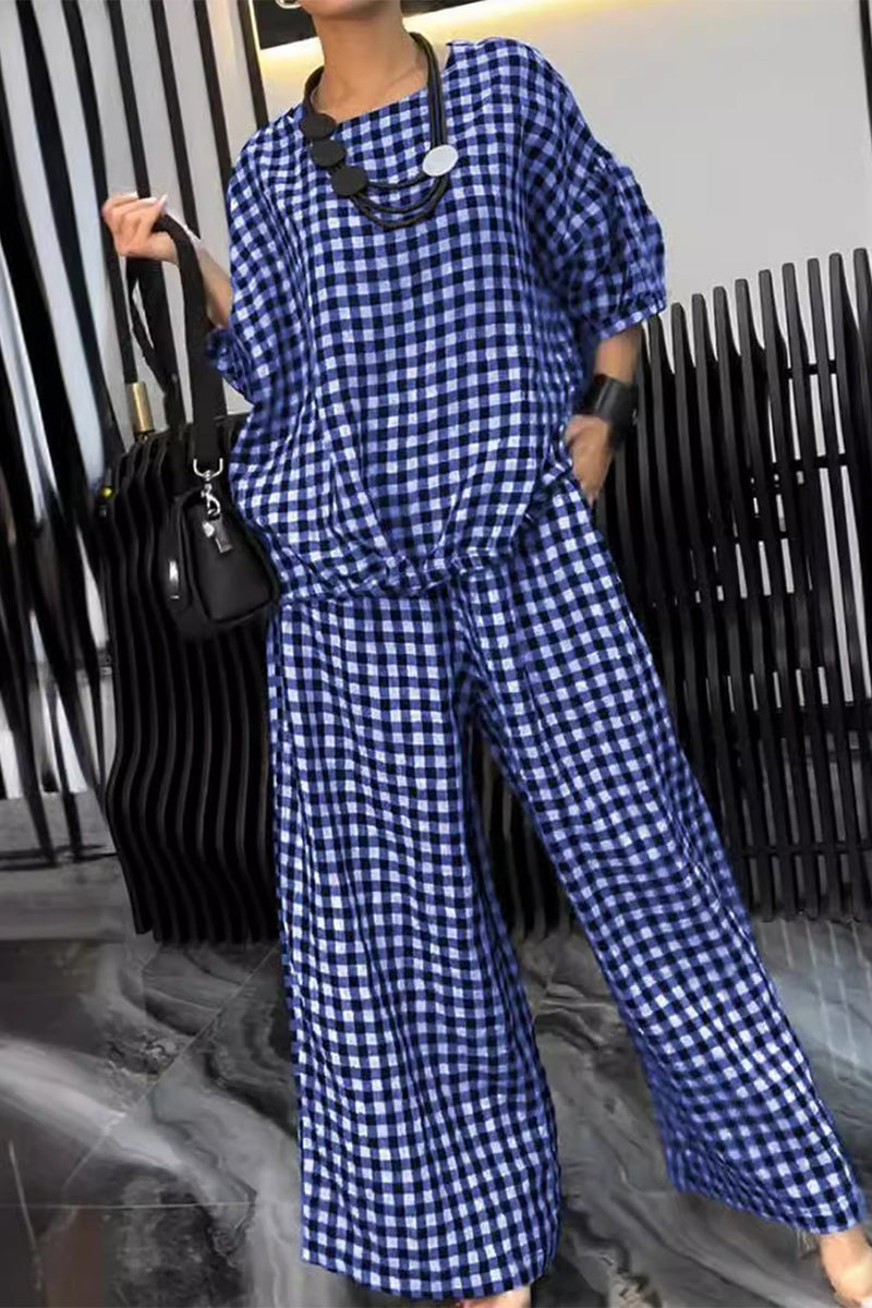 Casual Street Plaid Draw String Pocket Lace Up O Neck Short Sleeve Two Pieces(6 Colors) - Fashionpara