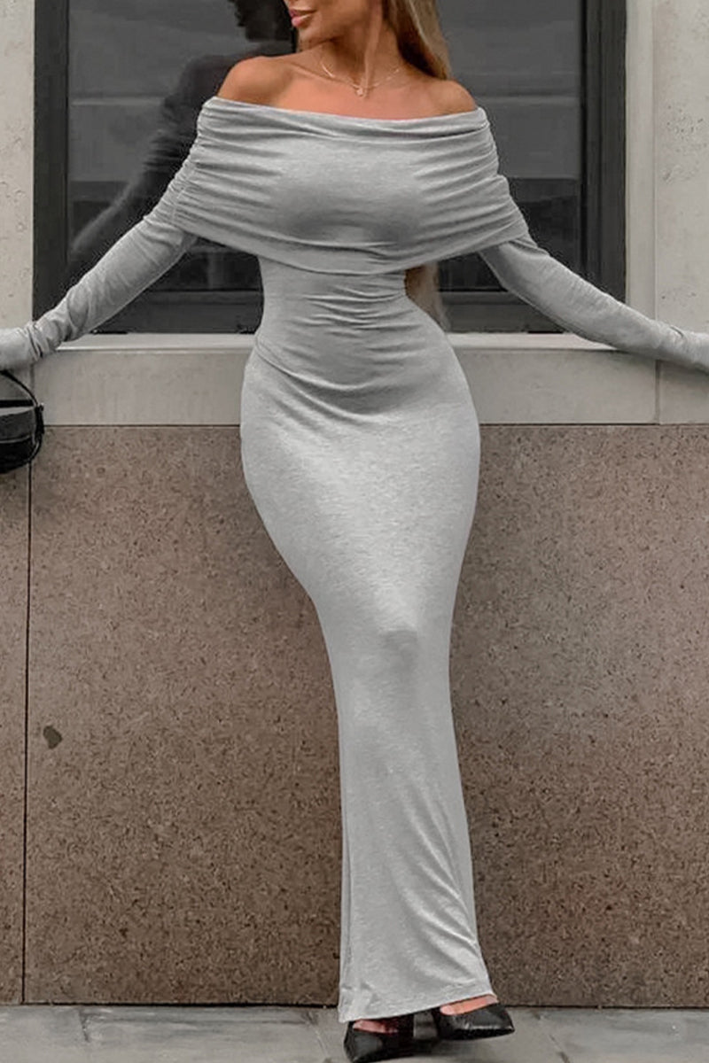 Sexy Street Solid Color Ruched Off Shoulder One Step Skirt Dresses - Fashionpara