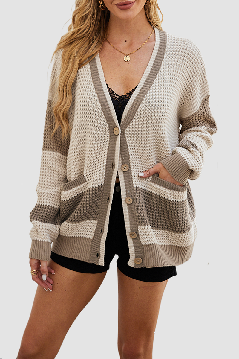 Colorblock V Neck Knitted Jacket with Pocket - Bohonini