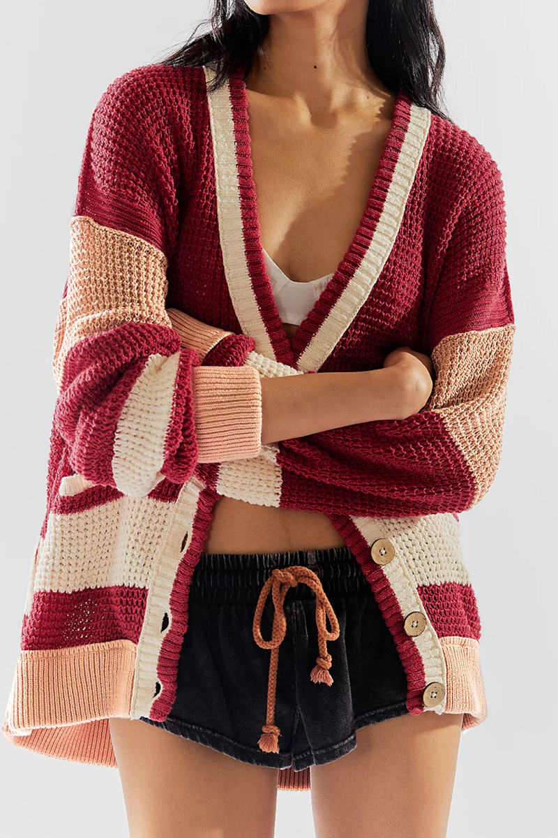 Colorblock V Neck Knitted Jacket with Pocket - Bohonini