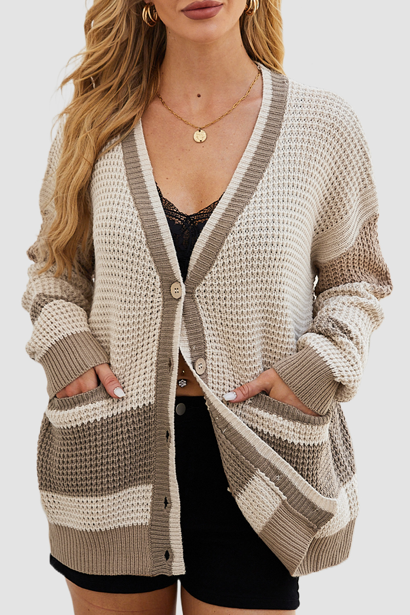 Colorblock V Neck Knitted Jacket with Pocket - Bohonini