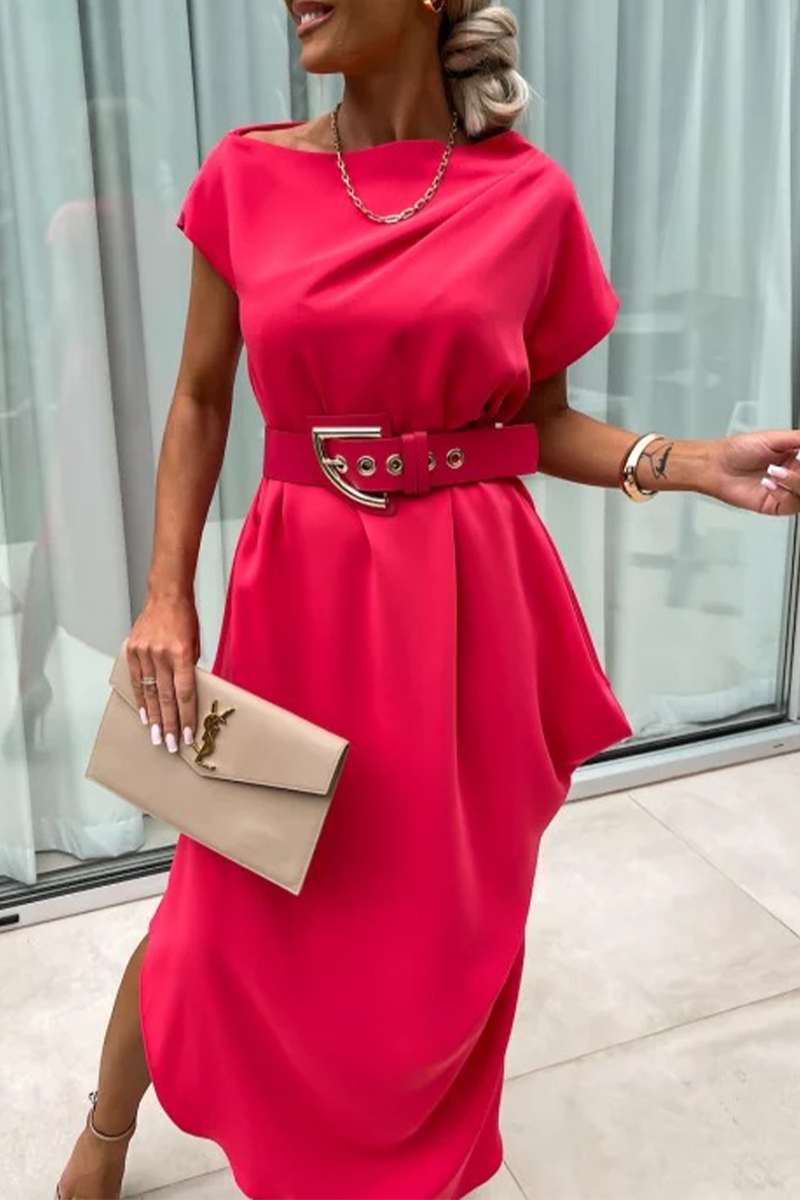 Casual Street Solid Color Without Belt Irregular Pile Heap Collar One Step Skirt Short Sleeve Dress(No Belt)(4 Colors) - Fashionpara