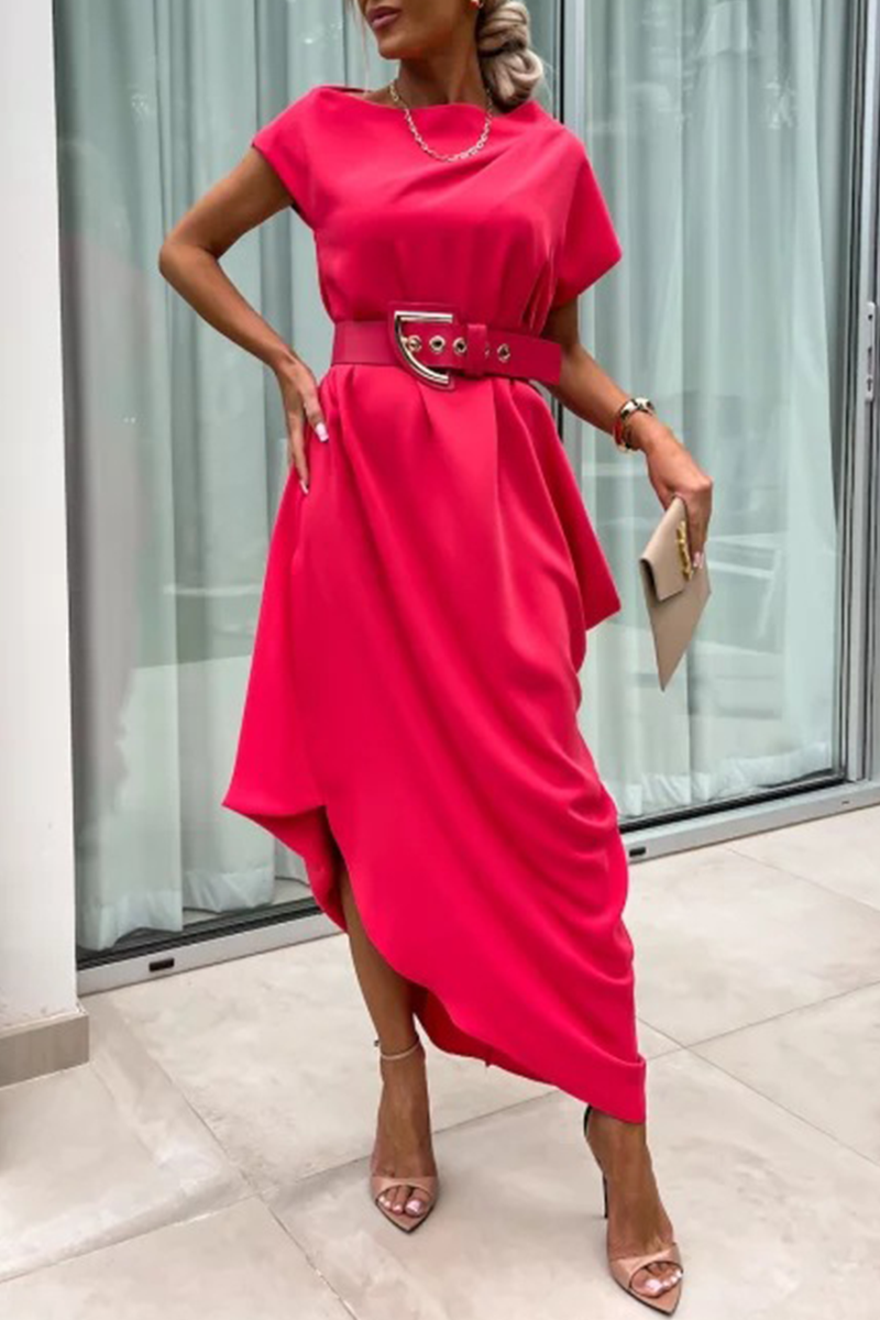 Casual Street Solid Color Without Belt Irregular Pile Heap Collar One Step Skirt Short Sleeve Dress(No Belt)(4 Colors) - Fashionpara