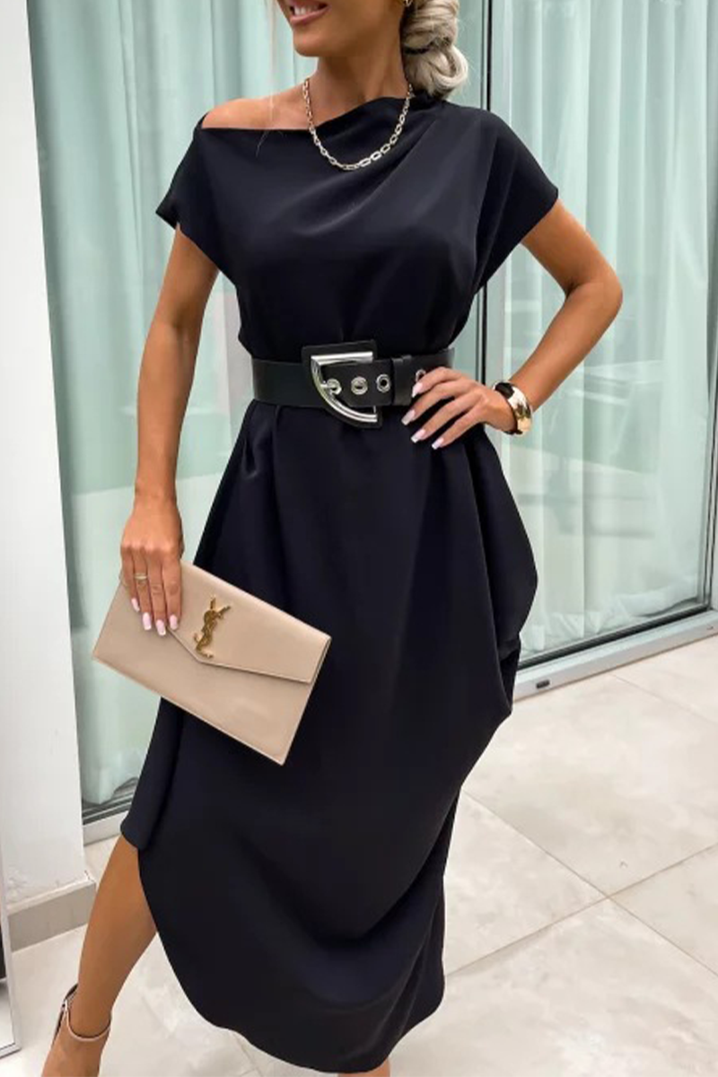 Casual Street Solid Color Without Belt Irregular Pile Heap Collar One Step Skirt Short Sleeve Dress(No Belt)(4 Colors) - Fashionpara