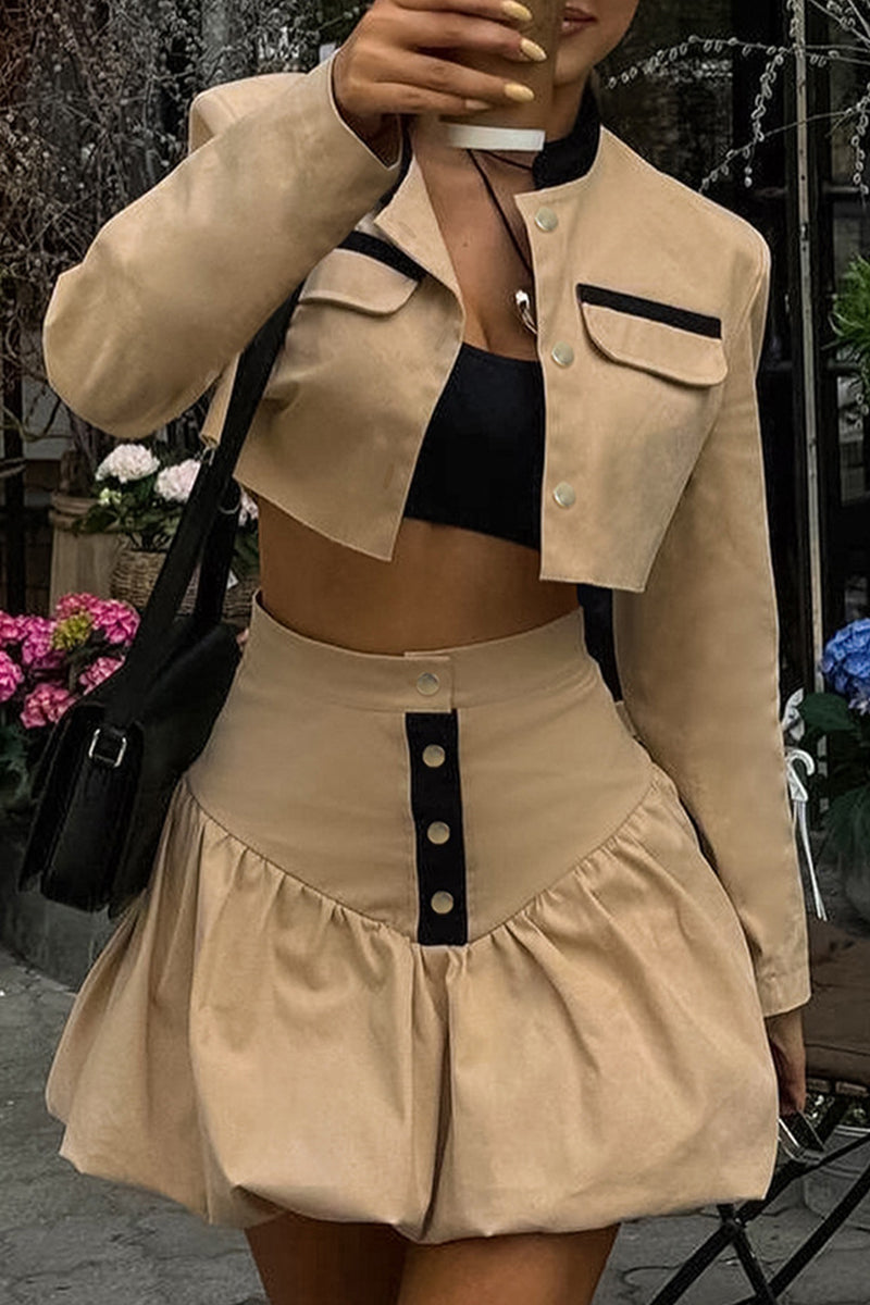 Casual Street Buttons Patchwork Contrast O Neck Long Sleeve Two Pieces - Fashionpara