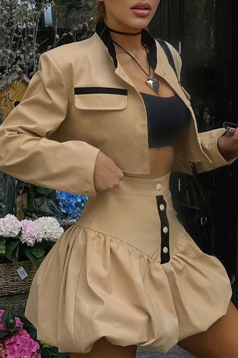 Casual Street Buttons Patchwork Contrast O Neck Long Sleeve Two Pieces - Fashionpara