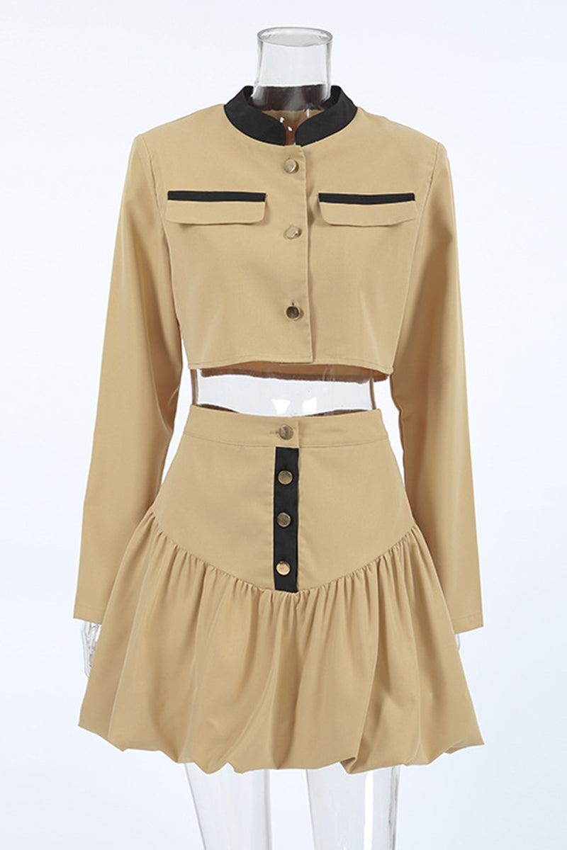 Casual Street Buttons Patchwork Contrast O Neck Long Sleeve Two Pieces - Fashionpara