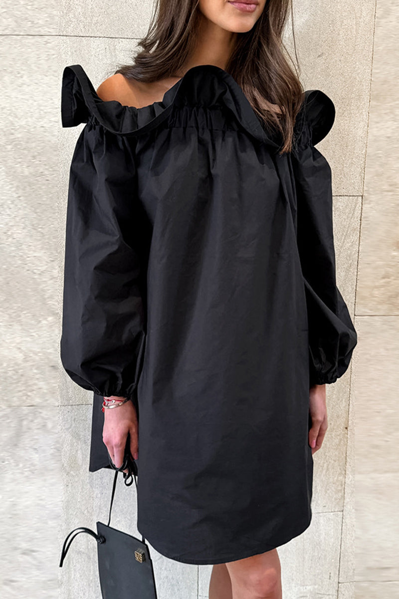 Casual Solid Color Ruffle Off Shoulder Off The Shoulder Dresses - Fashionpara