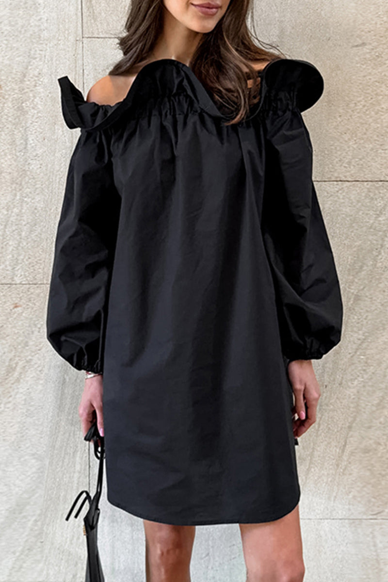 Casual Solid Color Ruffle Off Shoulder Off The Shoulder Dresses - Fashionpara