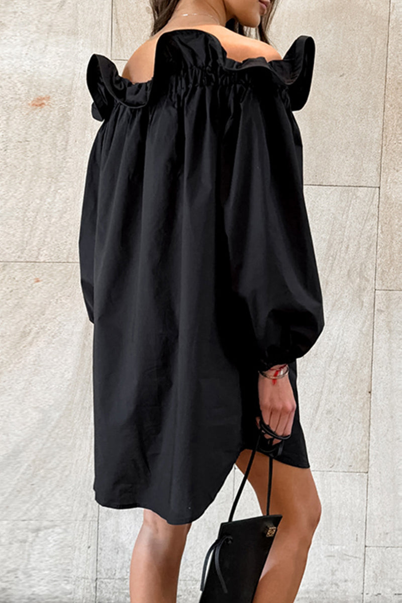 Casual Solid Color Ruffle Off Shoulder Off The Shoulder Dresses - Fashionpara