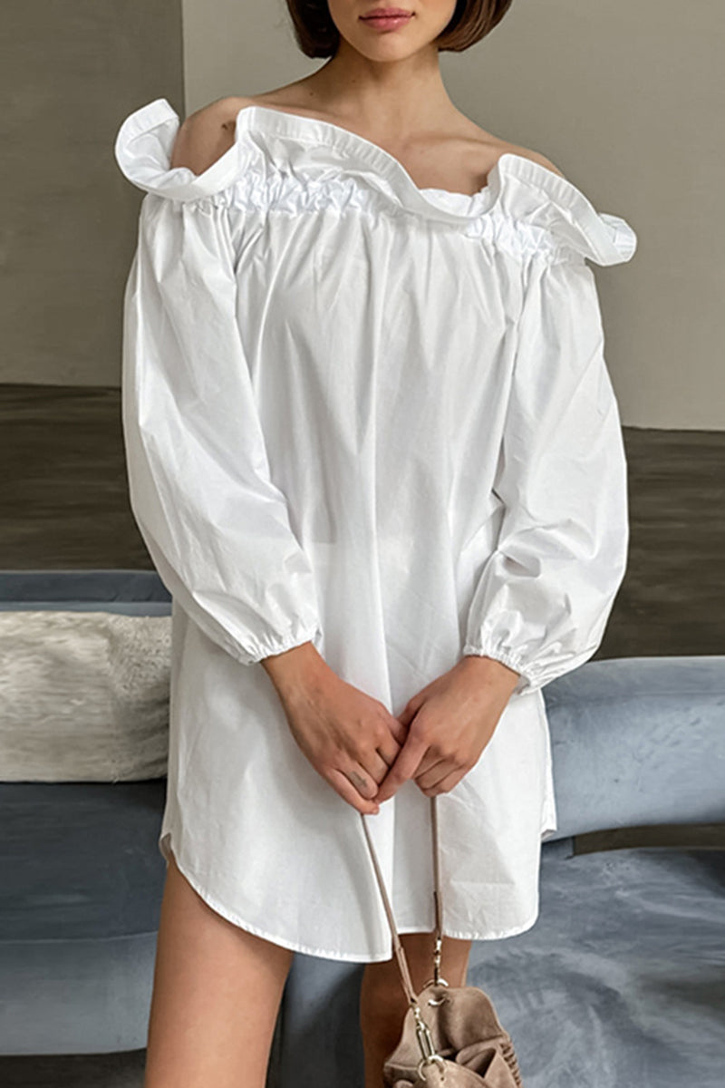 Casual Solid Color Ruffle Off Shoulder Off The Shoulder Dresses - Fashionpara