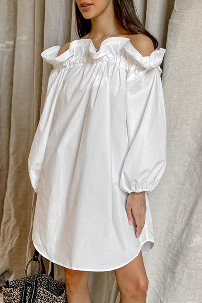 Casual Solid Color Ruffle Off Shoulder Off The Shoulder Dresses - Fashionpara