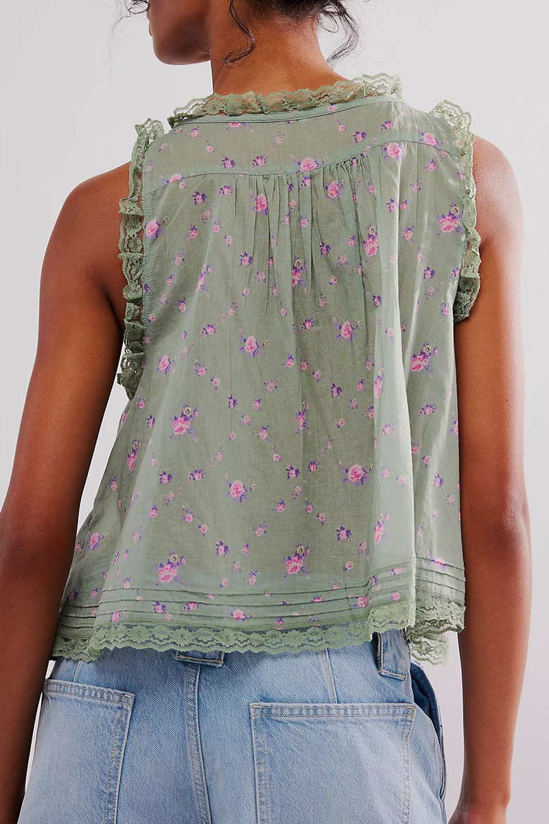 Sexy Flowers Print Hollow Out Lace Up V Neck Tops(3 Colors) - Fashionpara