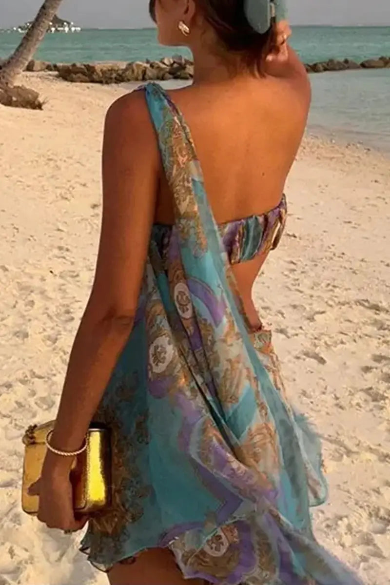 Sexy Vacation Floral Print Irregular Strapless Sleeveless Two Pieces Fashionpara