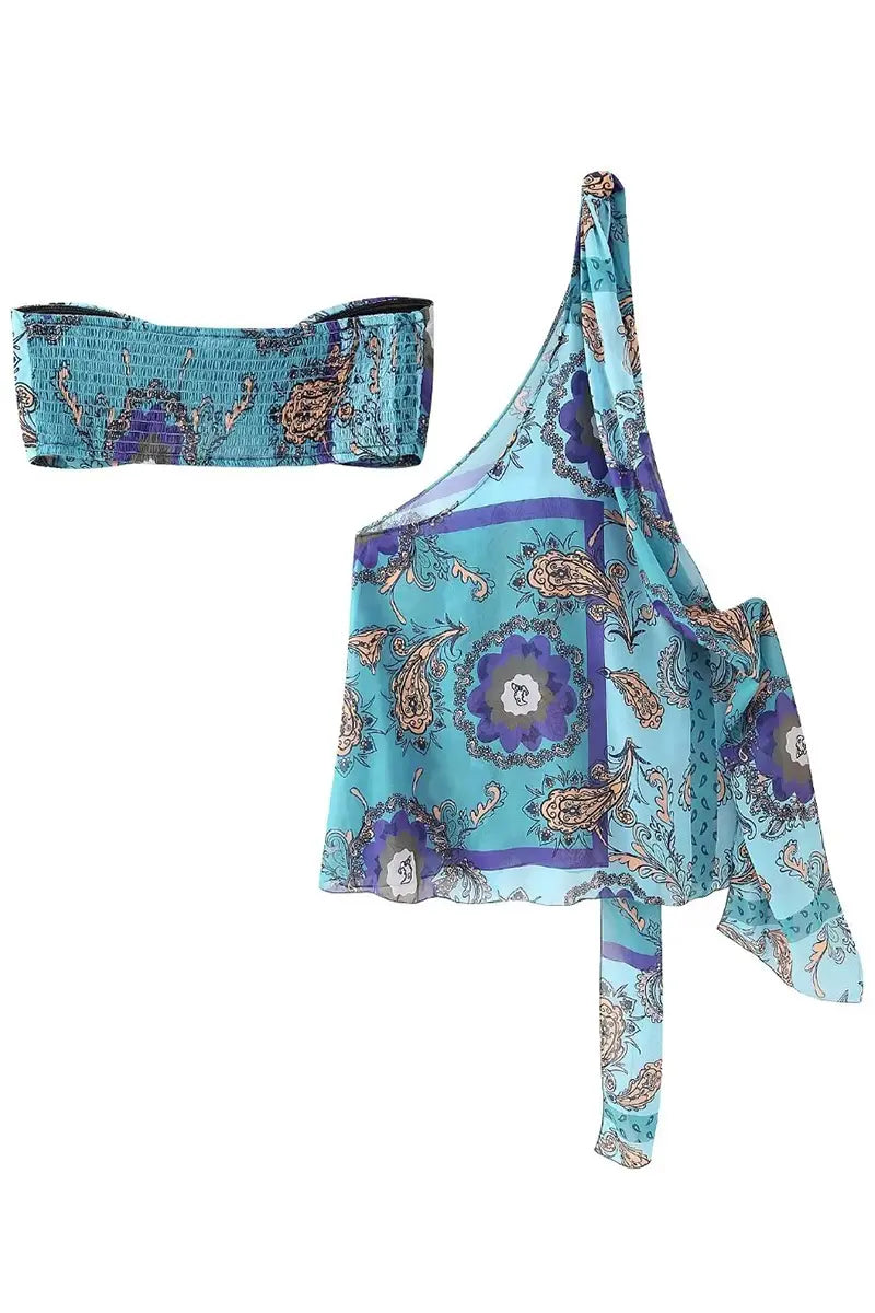 Sexy Vacation Floral Print Irregular Strapless Sleeveless Two Pieces Fashionpara