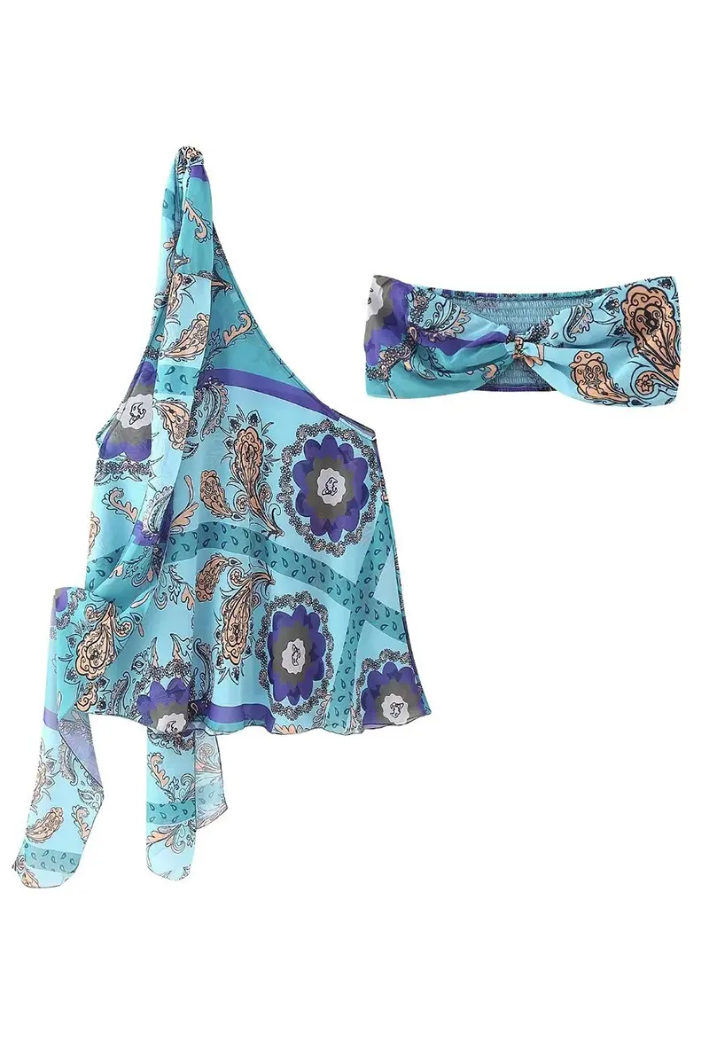 Sexy Vacation Floral Print Irregular Strapless Sleeveless Two Pieces Fashionpara