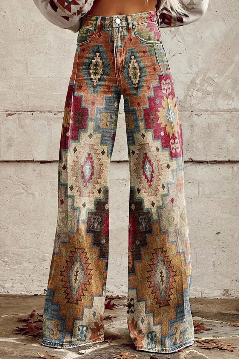 Casual Street Geometric Print Animal Print Flowers Buttons Contrast Loose High Waist Wide Leg Full Print Bottoms(10 Colors) - Fashionpara