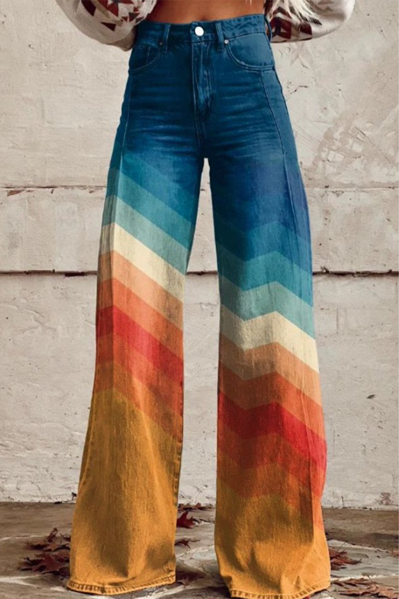 Casual Street Geometric Print Animal Print Flowers Buttons Contrast Loose High Waist Wide Leg Full Print Bottoms(10 Colors) - Fashionpara