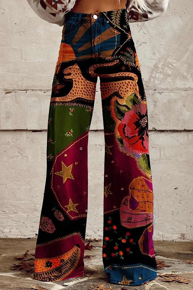 Casual Street Geometric Print Animal Print Flowers Buttons Contrast Loose High Waist Wide Leg Full Print Bottoms(10 Colors) - Fashionpara