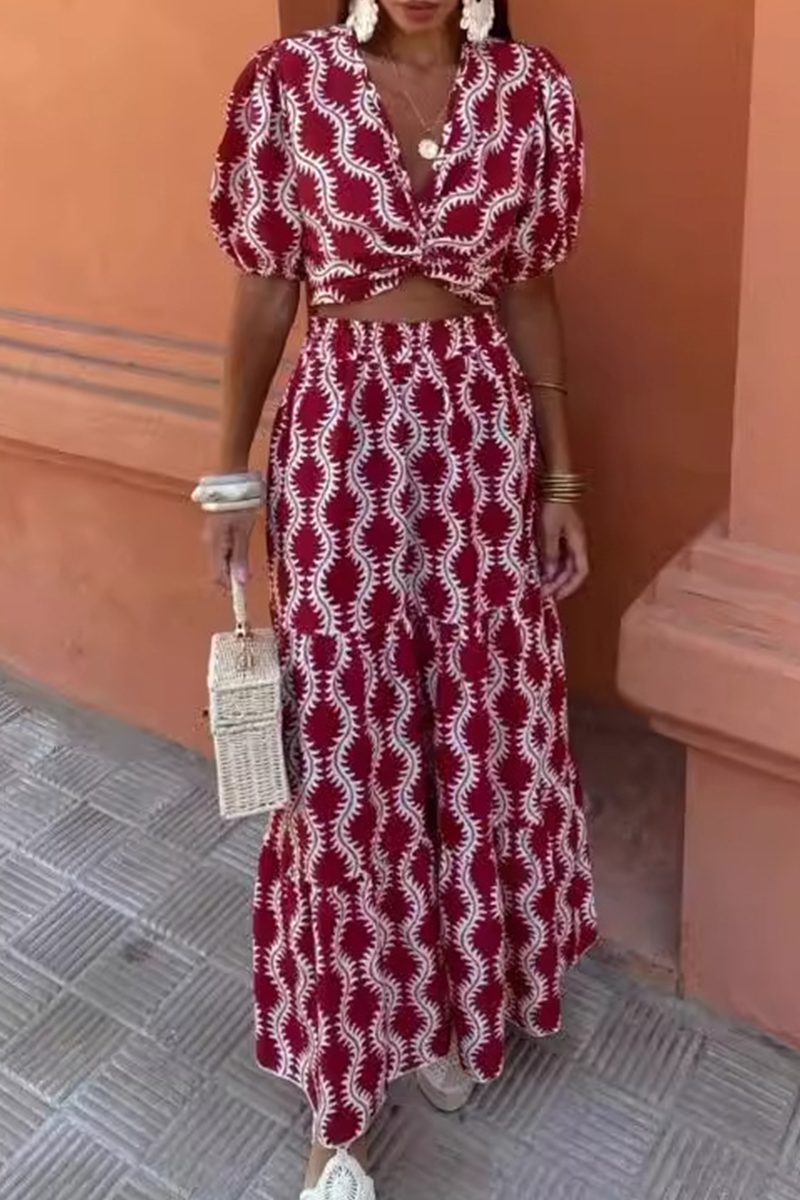 Elegant Geometric Print Hollow Out V Neck A Line Short Sleeve Dress - Fashionpara