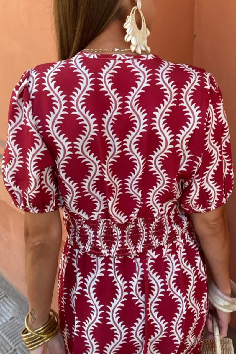 Elegant Geometric Print Hollow Out V Neck A Line Short Sleeve Dress - Fashionpara