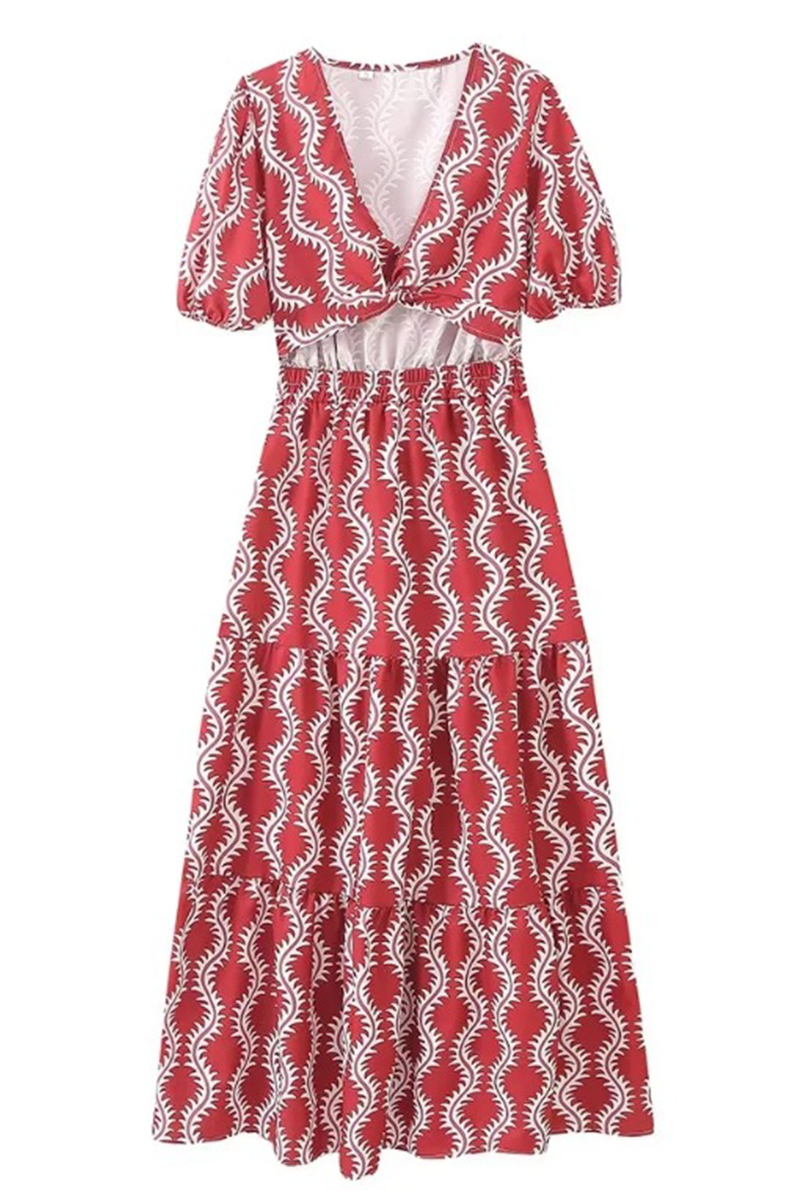Elegant Geometric Print Hollow Out V Neck A Line Short Sleeve Dress - Fashionpara