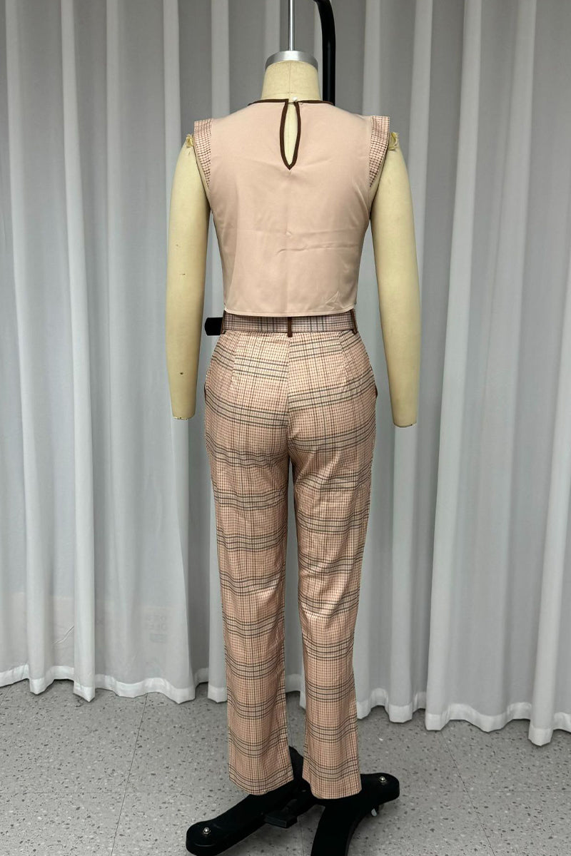 Casual Street Plaid Ruffle With Belt O Neck Sleeveless Two Pieces - Fashionpara