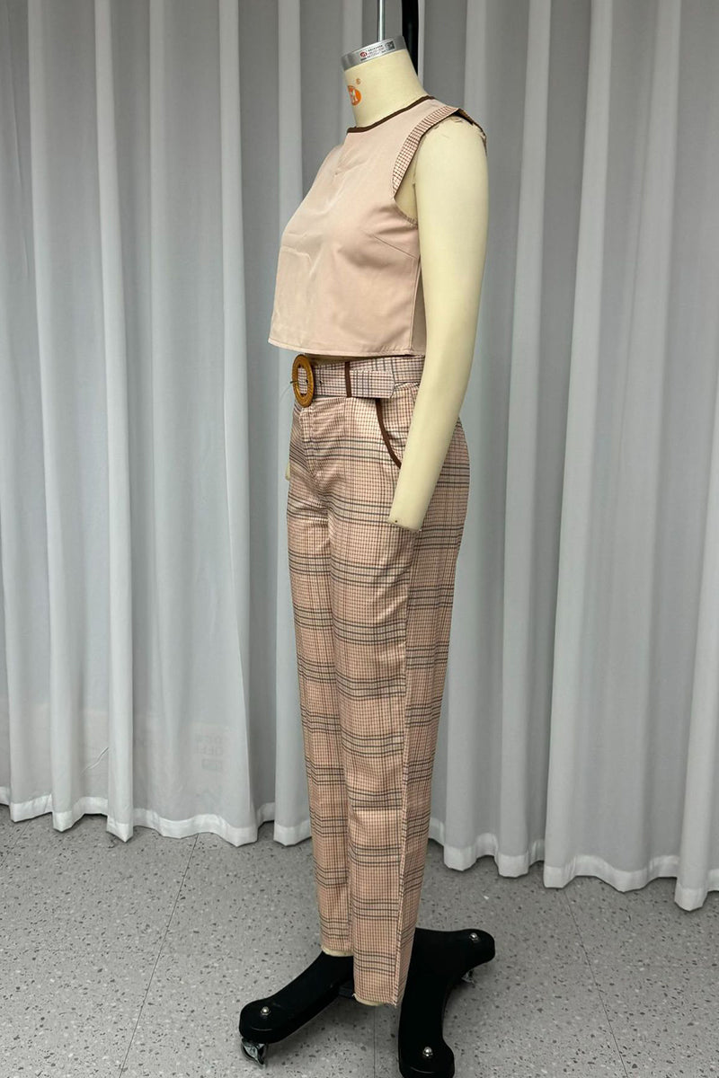 Casual Street Plaid Ruffle With Belt O Neck Sleeveless Two Pieces - Fashionpara