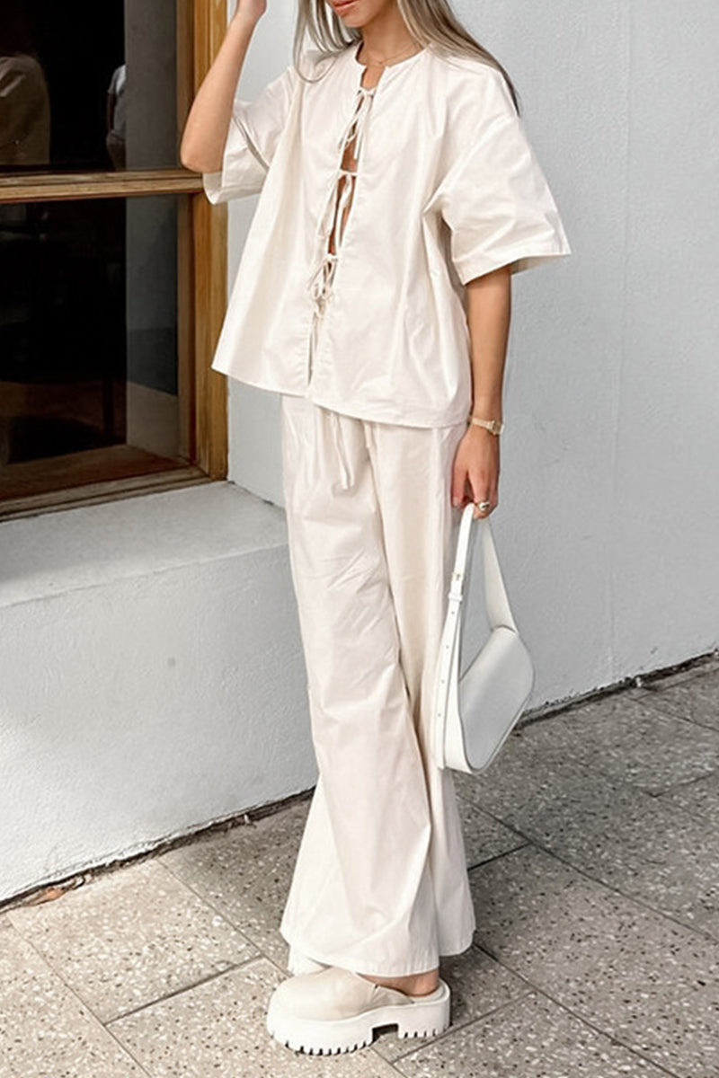 Casual Street Lace Up O Neck Short Sleeve Two Pieces - Fashionpara