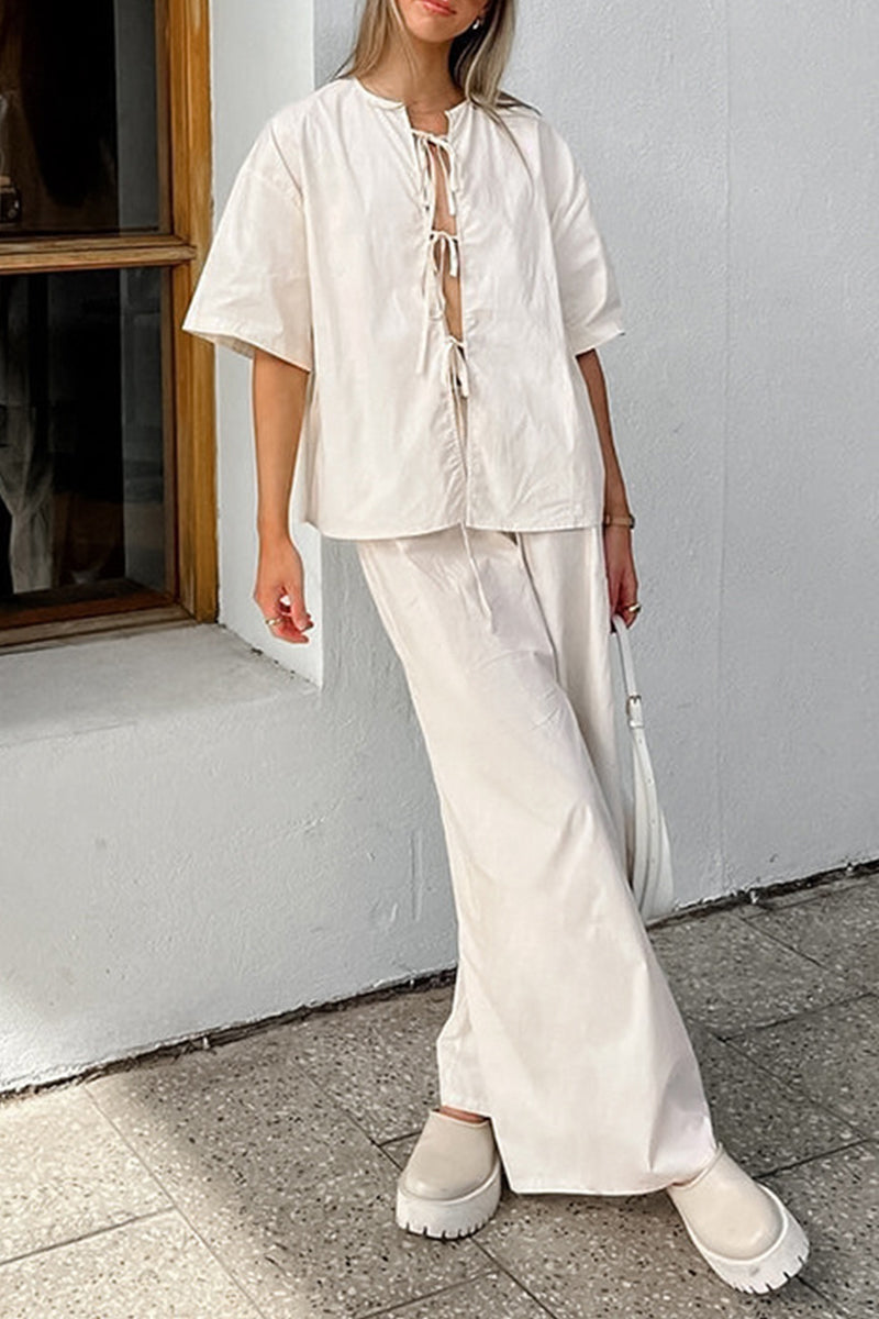 Casual Street Lace Up O Neck Short Sleeve Two Pieces - Fashionpara