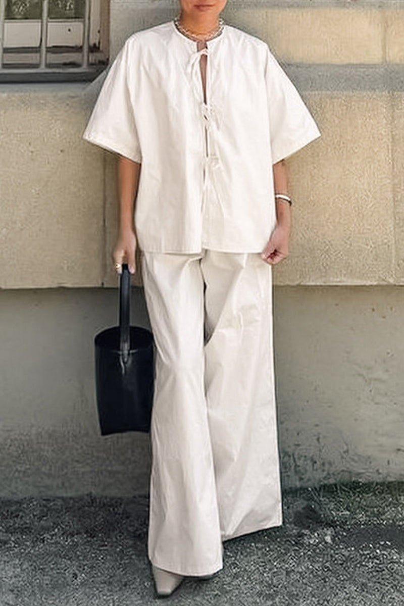 Casual Street Lace Up O Neck Short Sleeve Two Pieces - Fashionpara