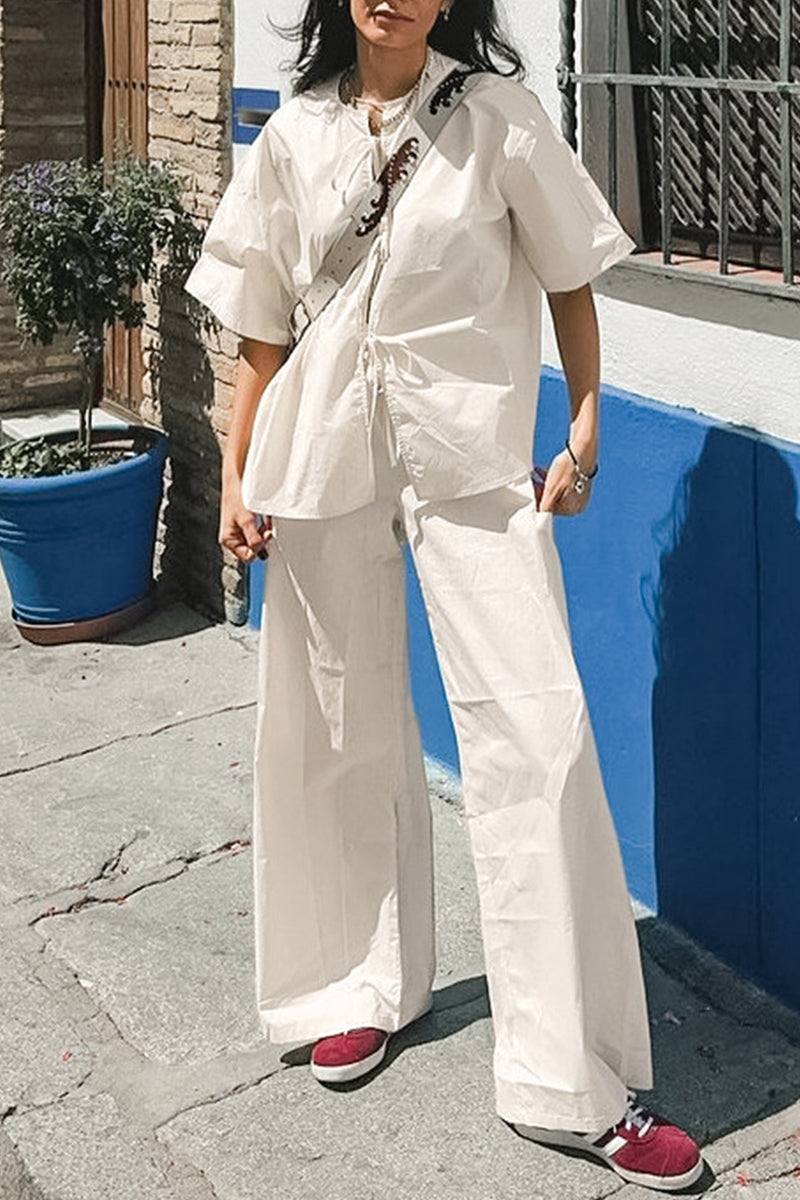 Casual Street Lace Up O Neck Short Sleeve Two Pieces - Fashionpara