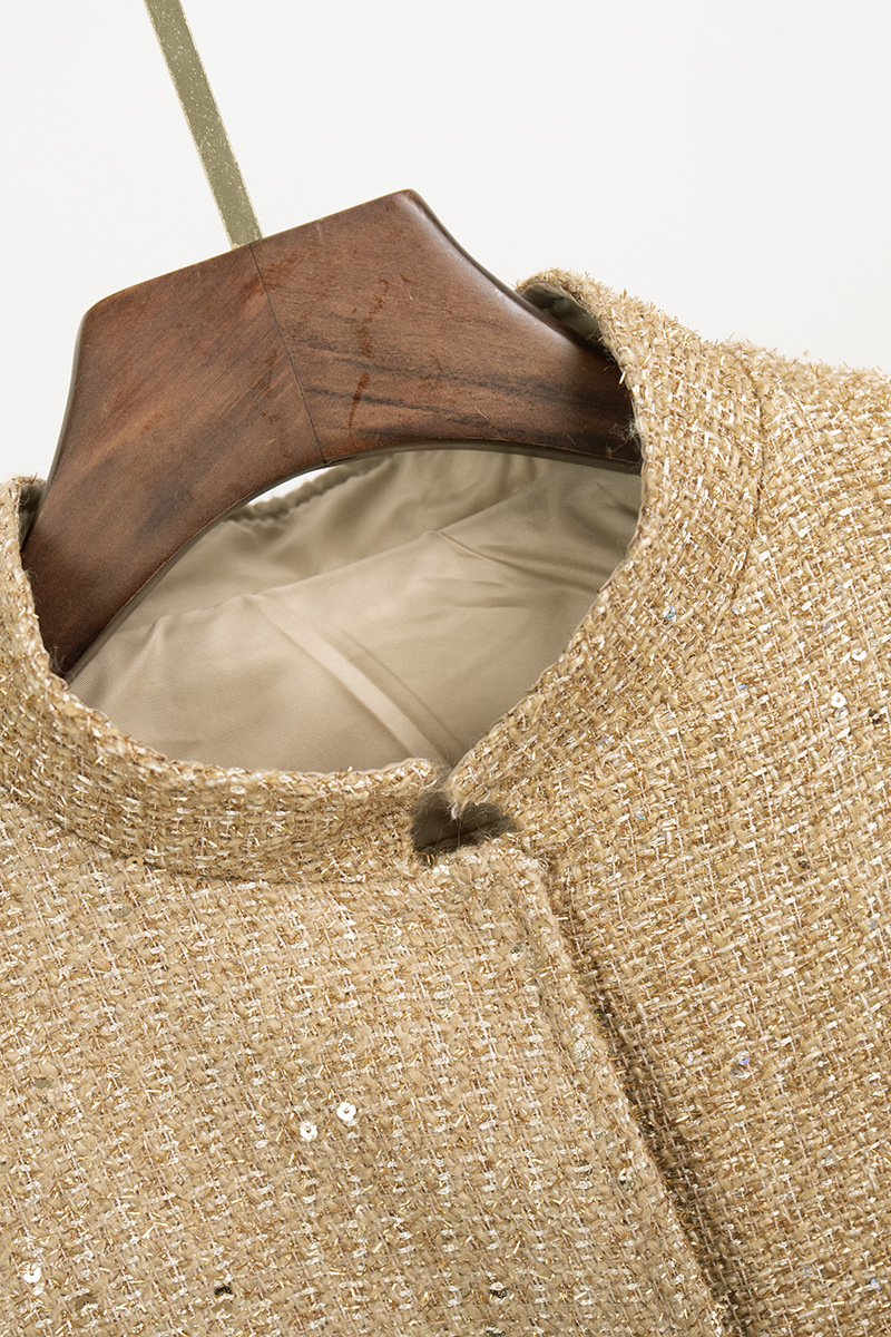 Elegant Solid Color Sequins Mandarin Collar Outerwear Jacket