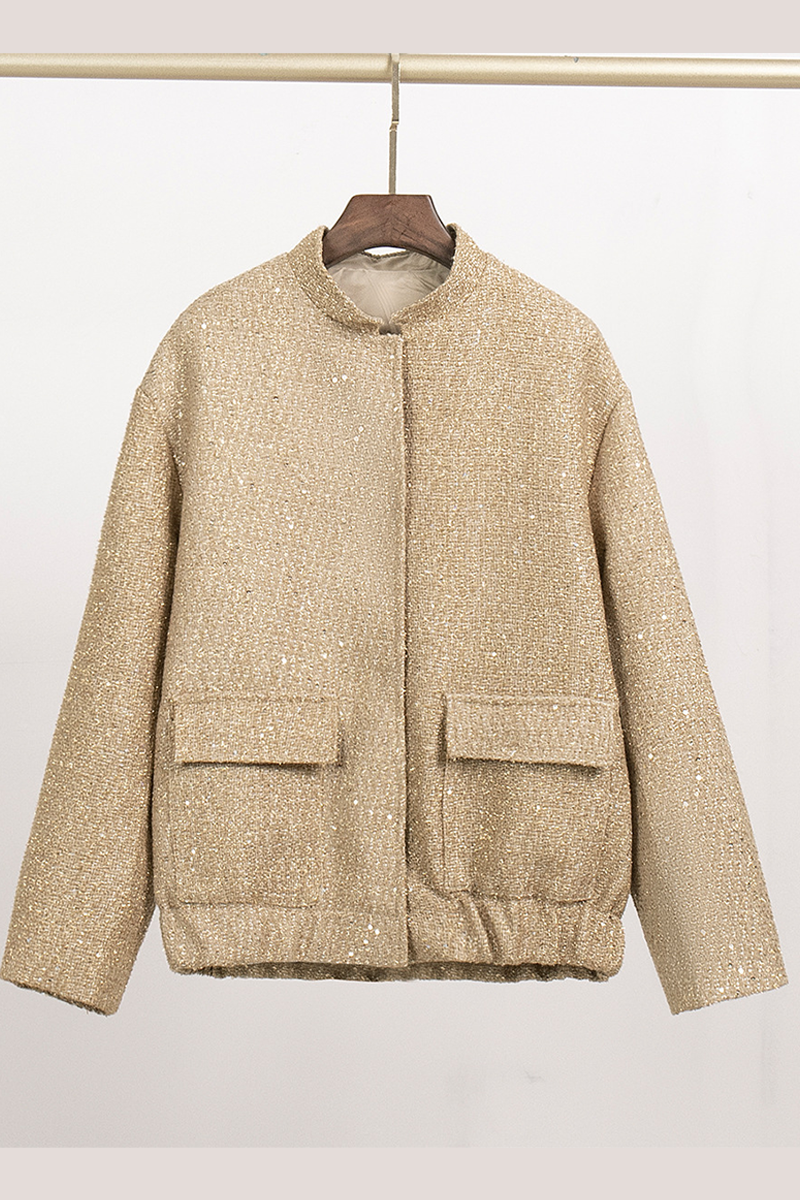 Elegant Solid Color Sequins Mandarin Collar Outerwear Jacket