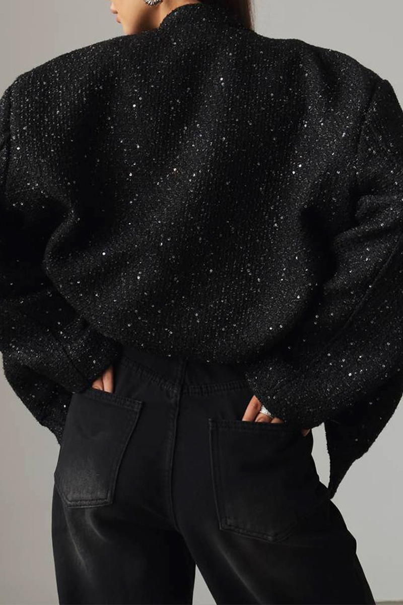 Elegant Solid Color Sequins Mandarin Collar Outerwear Jacket