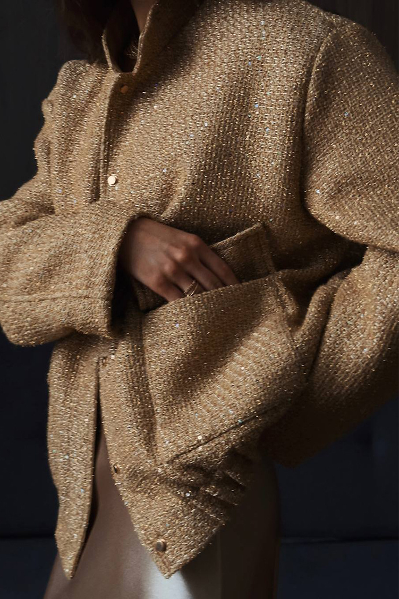 Elegant Solid Color Sequins Mandarin Collar Outerwear Jacket