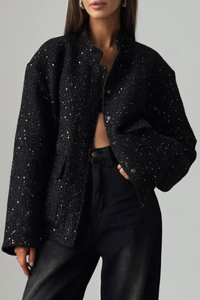 Elegant Solid Color Sequins Mandarin Collar Outerwear Jacket