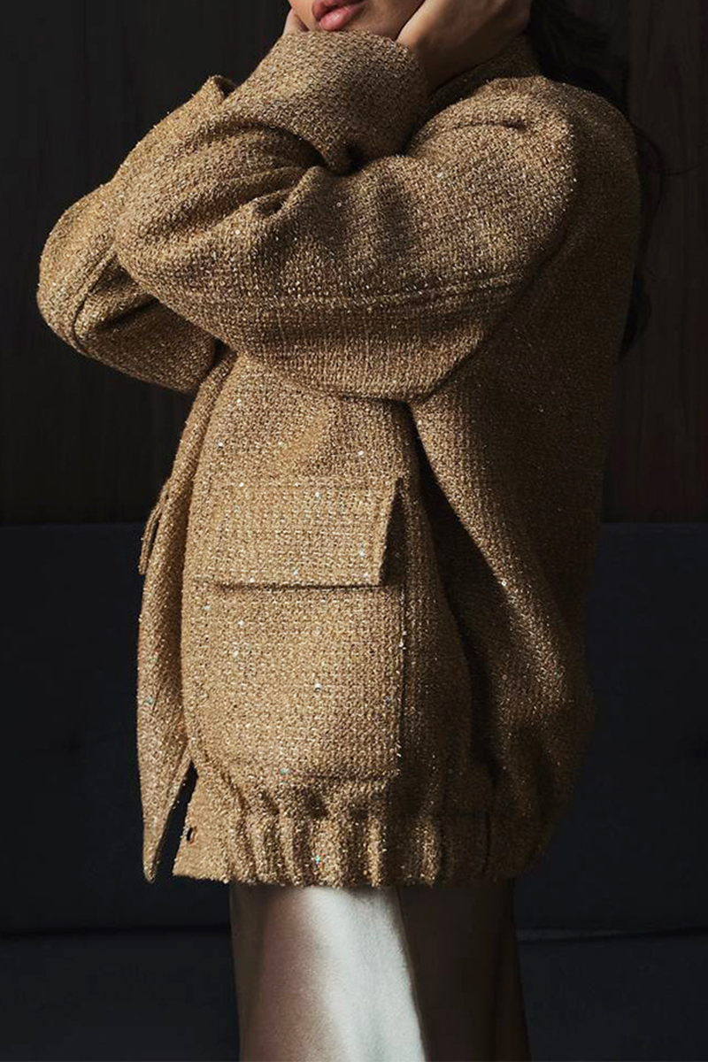 Elegant Solid Color Sequins Mandarin Collar Outerwear Jacket