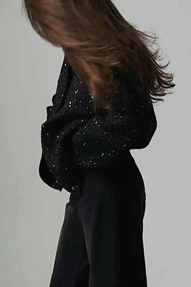 Elegant Solid Color Sequins Mandarin Collar Outerwear Jacket