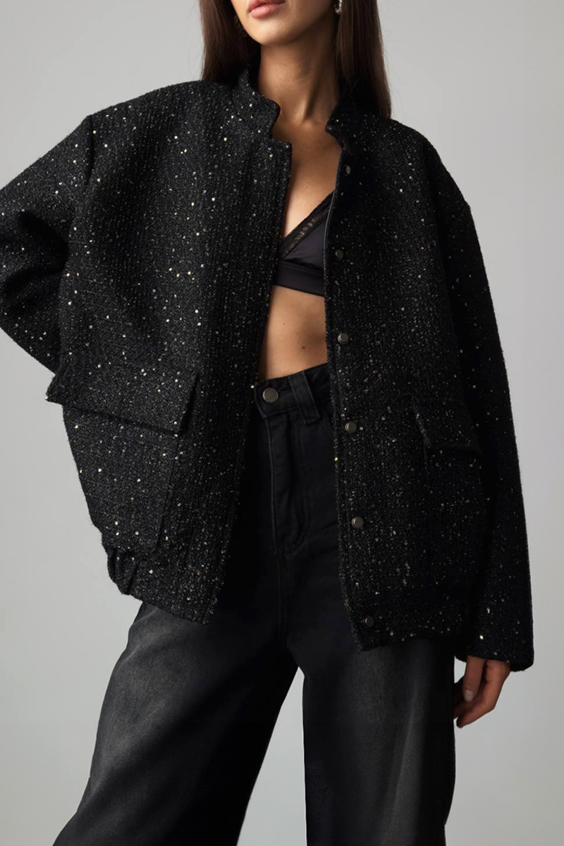 Elegant Solid Color Sequins Mandarin Collar Outerwear Jacket