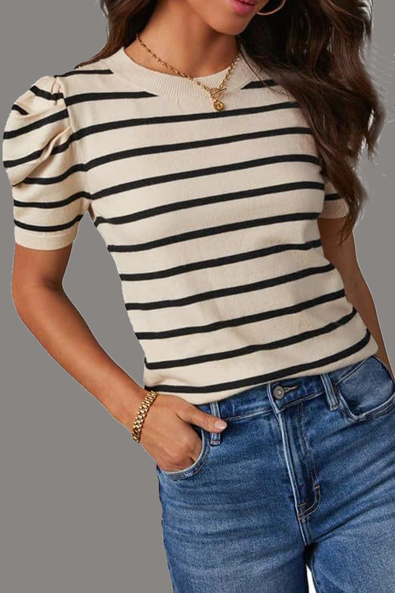 Casual Stripe Ruched Weave O Neck T-Shirts(5 Colors) - Fashionpara