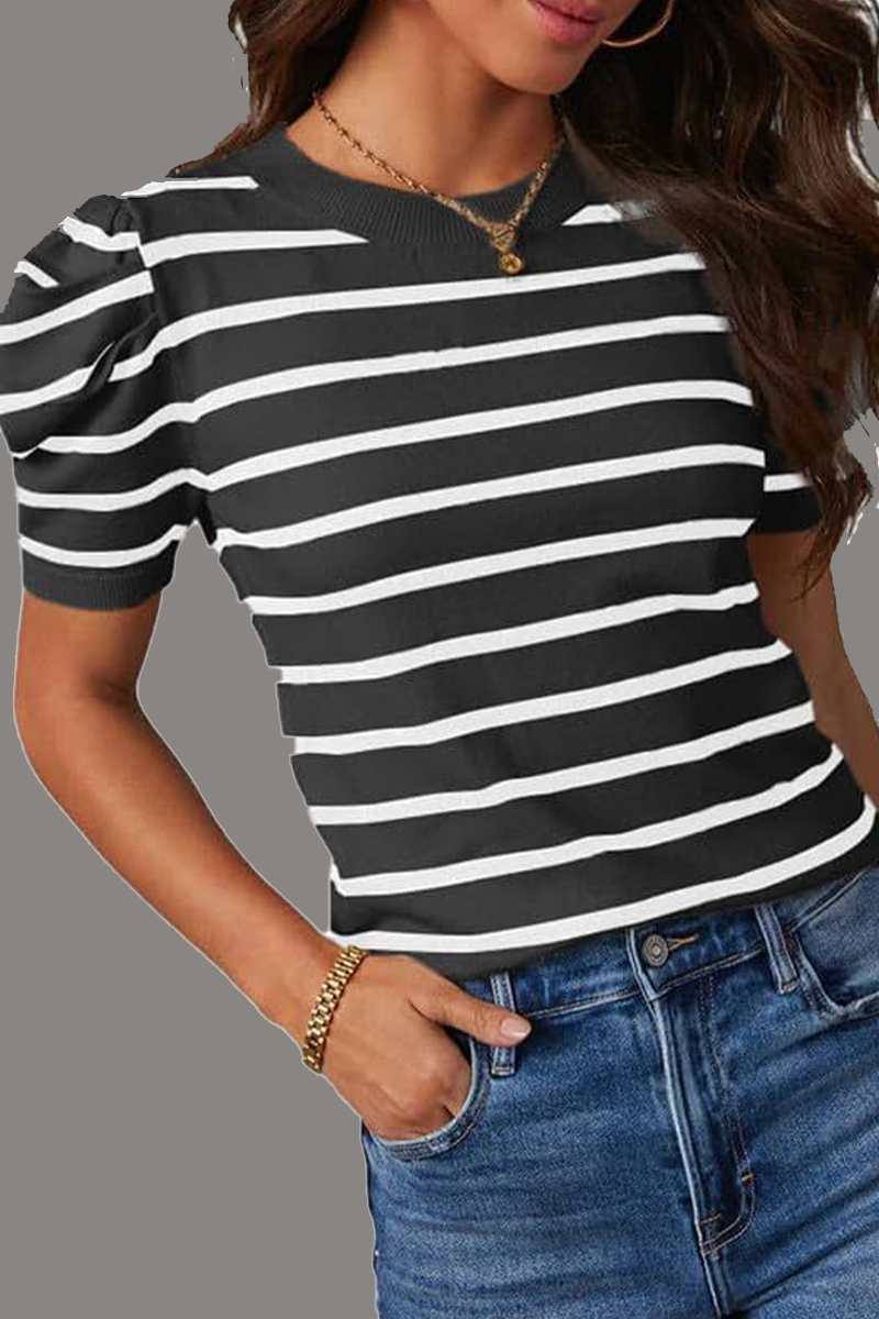 Casual Stripe Ruched Weave O Neck T-Shirts(5 Colors) - Fashionpara