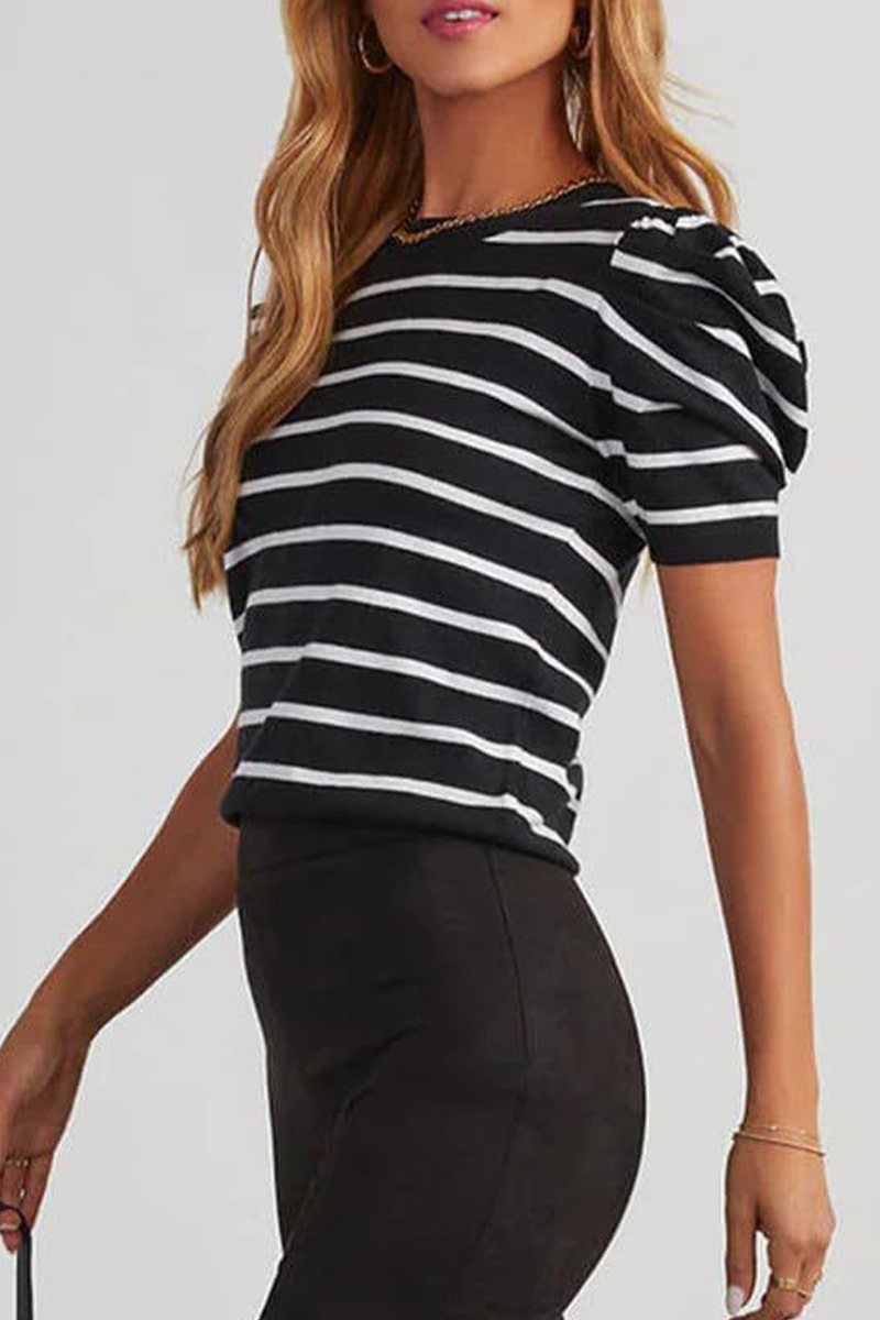 Casual Stripe Ruched Weave O Neck T-Shirts(5 Colors) - Fashionpara