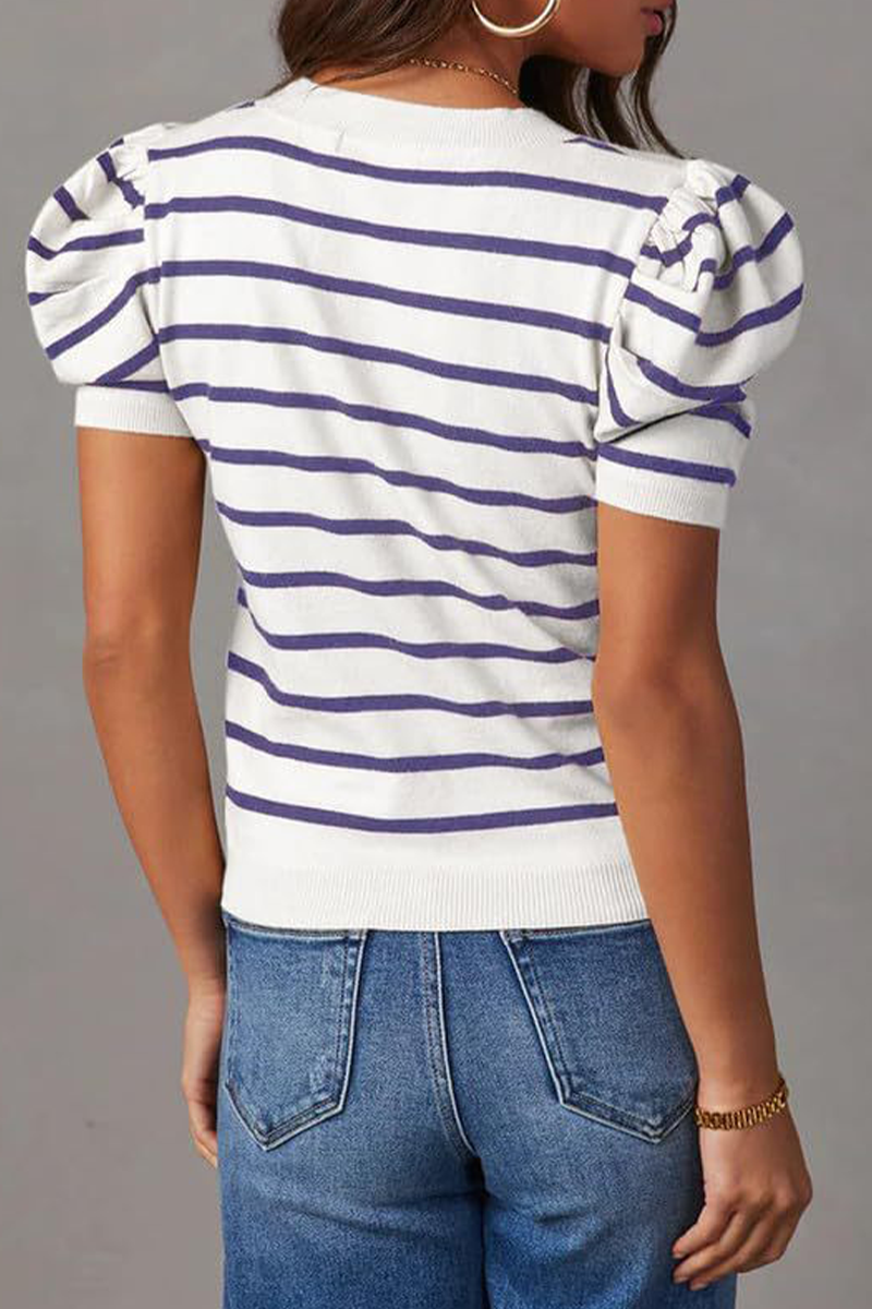 Casual Stripe Ruched Weave O Neck T-Shirts(5 Colors) - Fashionpara