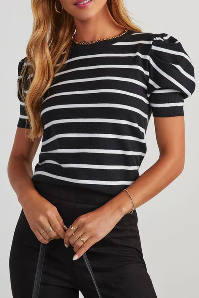 Casual Stripe Ruched Weave O Neck T-Shirts(5 Colors) - Fashionpara